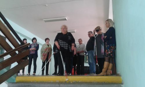 Nuotraukoje - seminaro dalyviai prakti&scaron;kai i&scaron;bandė baltąją lazdelę