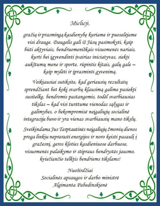 Ministrės Algimantos Pabedinskienės sveikinimas Tarptautinės neįgaliųjų žmonių dienos proga